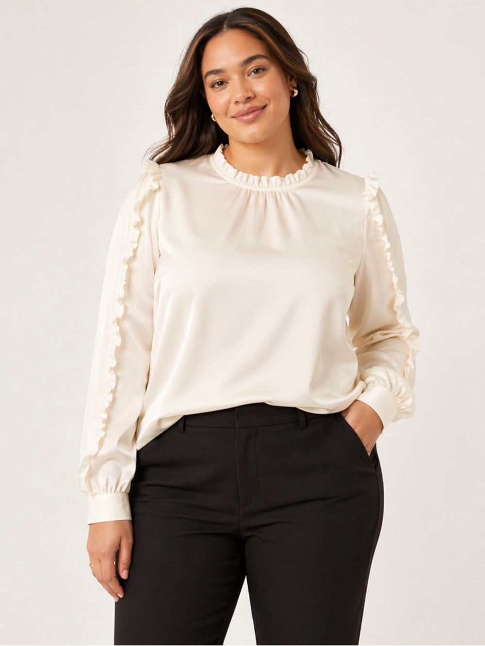 J.Crew Cream Ruffle Neck Blouse Women’s 2X Long Sleeve Romantic Top